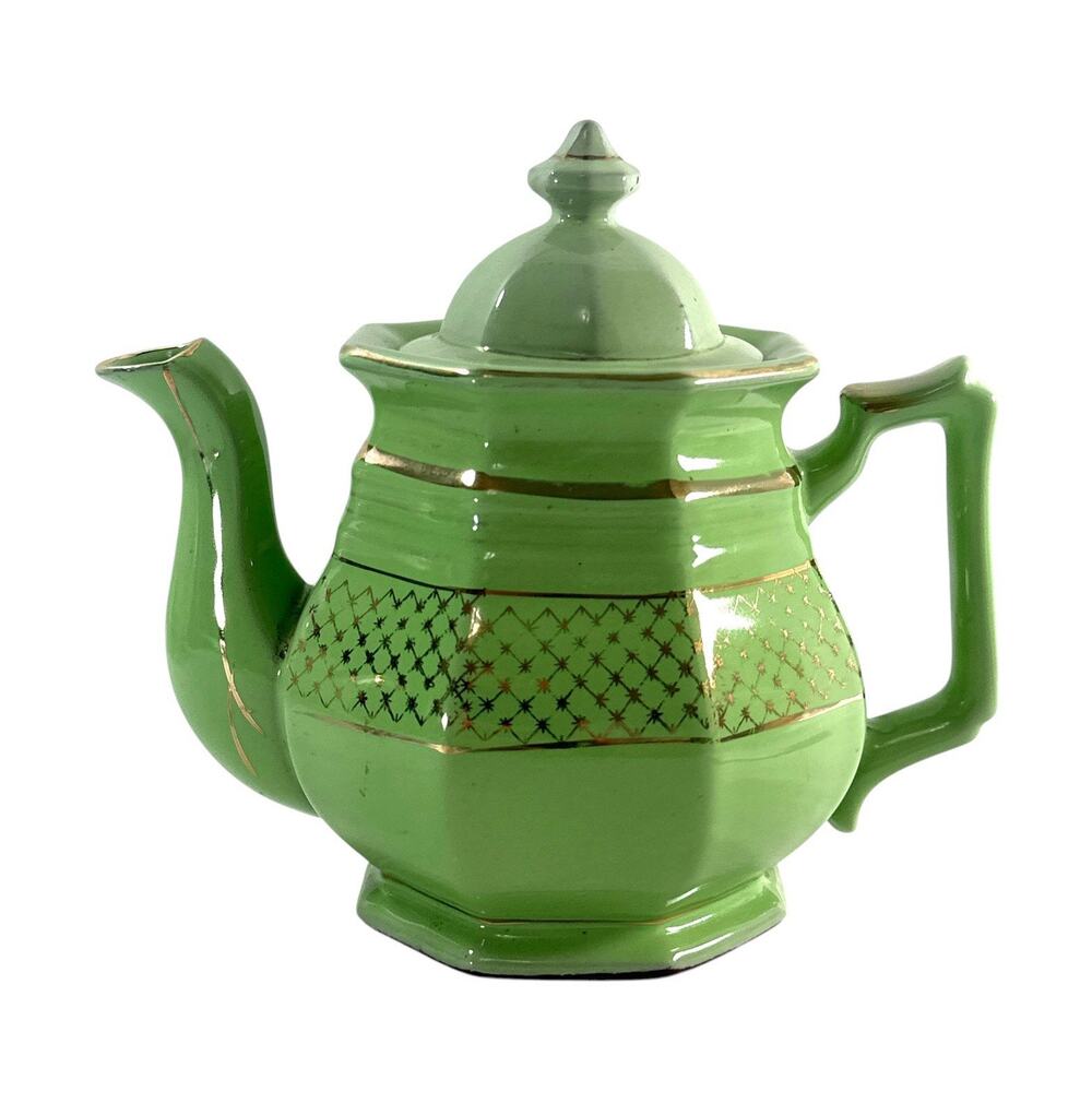 Vintage Art Deco Green Porcelain Teapot Gold Gilt Geometric Octagonal 7.5”
